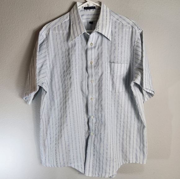 Vintage Mens 80s Single Needle Tailoring Pinstripe SS Point Collar Shirt-Size L - Picture 1 of 5